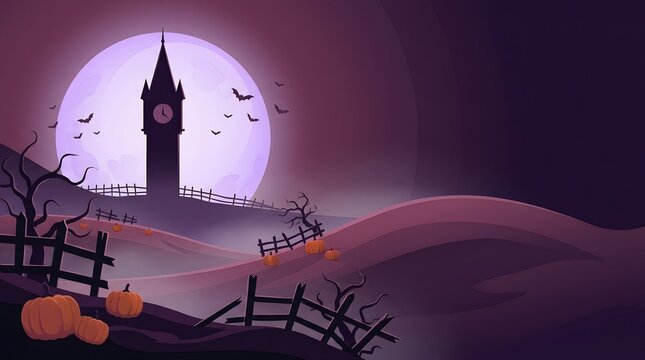 A spooky happy halloween illustration featuring a haunted clock tower under a large full moon