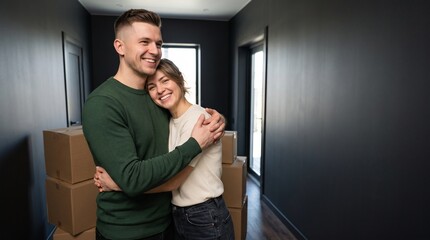 Fototapeta premium Happy young couple embracing in hallway with cardboard moving boxes in new home. Caucasian husband and wife celebrating mortgage approval real estate property investment house relocation.