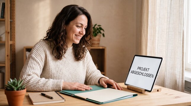 Projekt abgeschlossen auf Tablet in Nahaufnahme am Schreibtisch