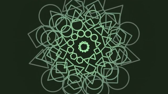 Suitable for backgrounds, prints, textiles, and digital design projects. Intricate green symmetrical mandala pattern with circles, squares, triangles, and polygons.