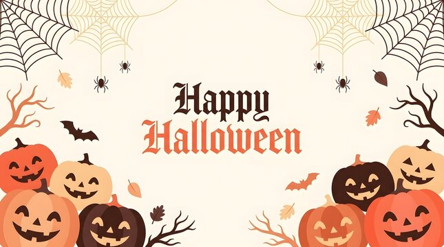 A festive and spooky happy halloween illustration featuring carved jack o lanterns and spider web decorations