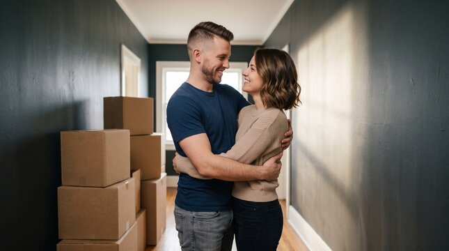 Joyful young Caucasian couple embracing tenderly in hallway beside cardboard moving boxes, celebrating real estate investment and home mortgage purchase in modern new apartment interior.