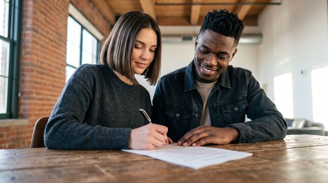 Diverse business partners signing enterprise resource planning ERP software implementation contract agreement at wooden desk in modern loft office startup financial investment deal documentation.