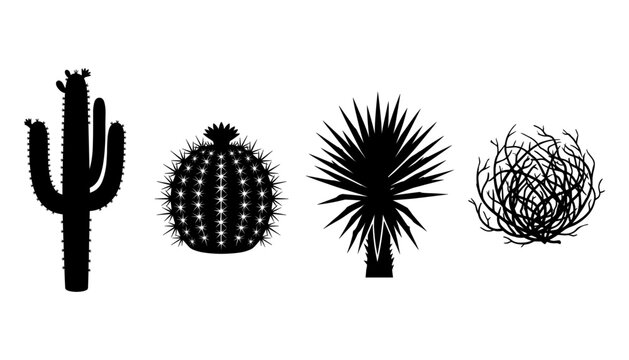 Desert Cactus Silhouette Icon Set with Saguaro, Agave, and Tumbleweed Plant Symbols for Wild West and Nature Theme Designs