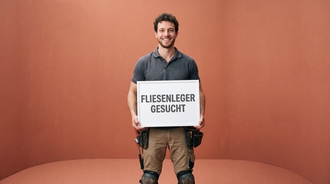 Fliesenleger gesucht Schild in Nahaufnahme vor Studiohintergrund