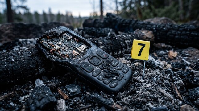 Burned Cell Phone with Evidence Marker in Ashy Debris.