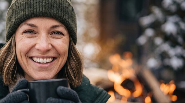 Happy woman in green beanie hat drinking hot coffee cup near cozy outdoor campfire in winter forest, smiling female holding mug in snowy nature, autumn tourism and outdoor warmth lifestyle.