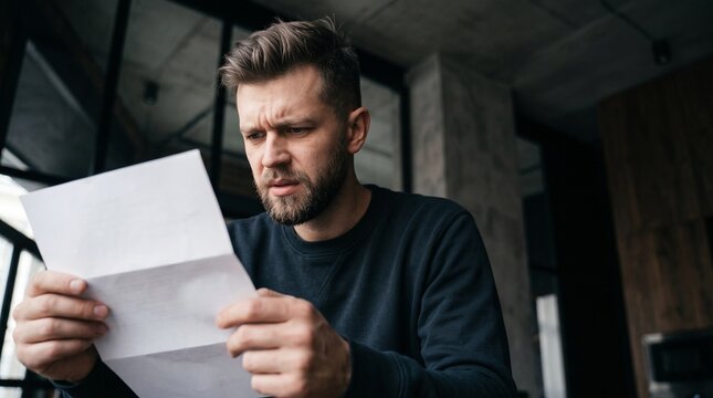 Frowning worried man reading financial paper document indoors, illustrating tax audit notice, mortgage payment debt, unexpected bill invoice crisis, bad news and stressed business accounting.
