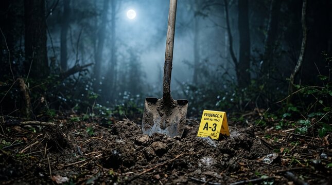 Crime Scene Investigation in Dark Forest with Shovel and Evidence Marker.