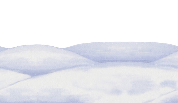 Watercolor illustration of blue and white snow covered hills. Seamless border with winter layered mounds designed as backdrop or landscape element. Repeat banner for Christmas holiday design