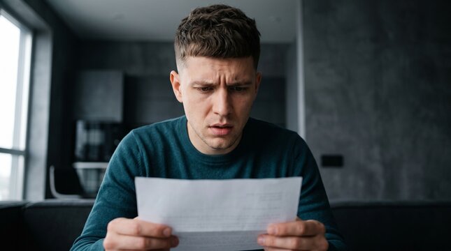 Shocked anxious young man holding financial tax notice document letter with concerned facial expression at home, reading debt bill warning, unpaid loan statement and high tax penalty problem.