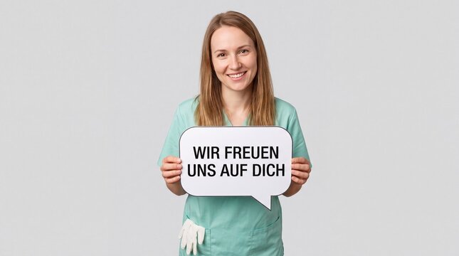 Zahnarzthelferin pr&auml;sentiert Schild Wir freuen uns auf Dich