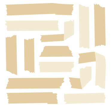 Set of adhesive masking tape strips with torn edges isolated on a white background.