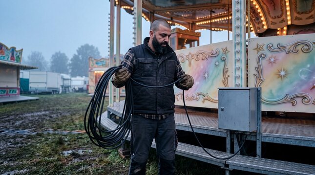 Monteur rollt Stromkabel am Karussell ab in der Untersicht