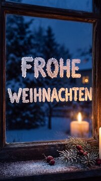 Frohe Weihnachten als Frostmuster auf Fensterscheibe in Nahaufnahme
