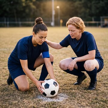Fu&szlig;ballspielerin legt Ball auf Elfmeterpunkt in Nahaufnahme