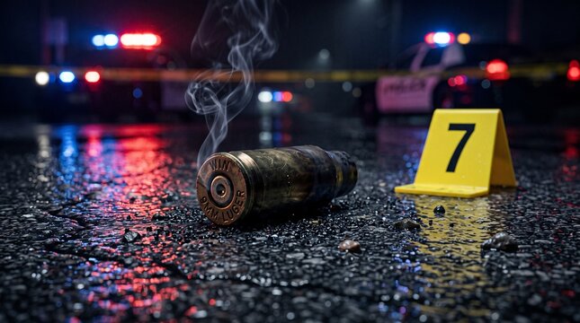 Smoking bullet casing and evidence marker at a crime scene with police lights.
