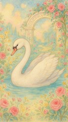 Fototapeta premium Elegant swan amidst blooming roses mobile wallpaper