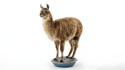 Naklejka premium Llama standing on blue object studio portrait isolated