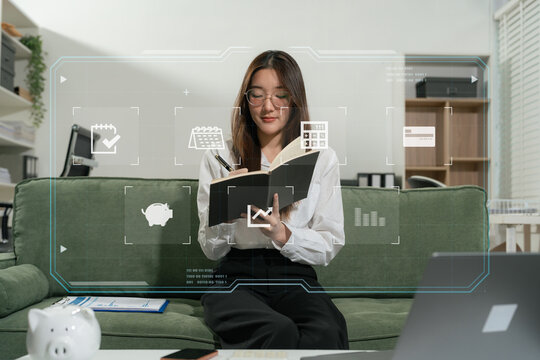 woman sitting at desk managing expenses, calculating expenses, paying bills using laptop online, making household financial analysis, Save money to future It is the concept of provident fund.