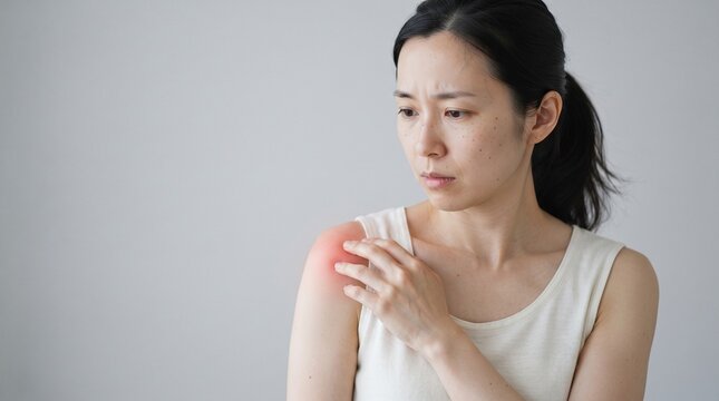 Woman touching sore shoulder with pained expression