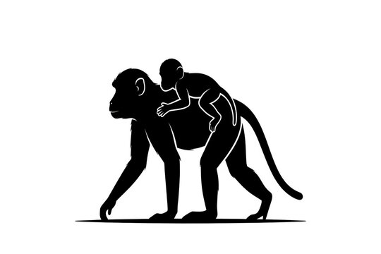 Black silhouette of a mother monkey walking with her baby clinging to her back