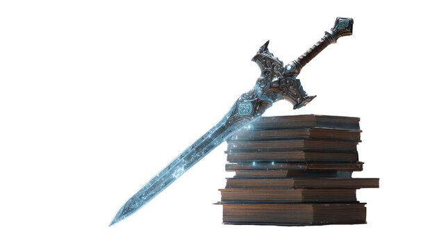 ornate fantasy sword rsting on stack of antique books isolated on white background 