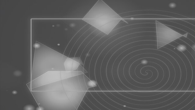 Monochrome spiral geometry composition featuring translucent squares and floating circles on a soft gray gradient wall.