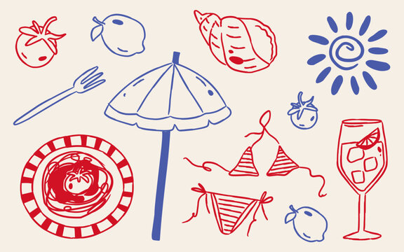 Italian Summer Line Art Clipart Set, Hand Drawn Outline Vector Illustration, Mediterranean Vacation Elements, Spaghetti, Bikini, Cocktail, Umbrella, Lemon, Sun, Shell for Minimalist Poster Sticker