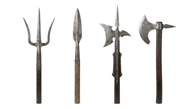 Set of four antique medieval polearms and spears isolated on white isolated on transparent background