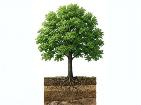 Isolated green tree with visible roots on white background isolated on white background