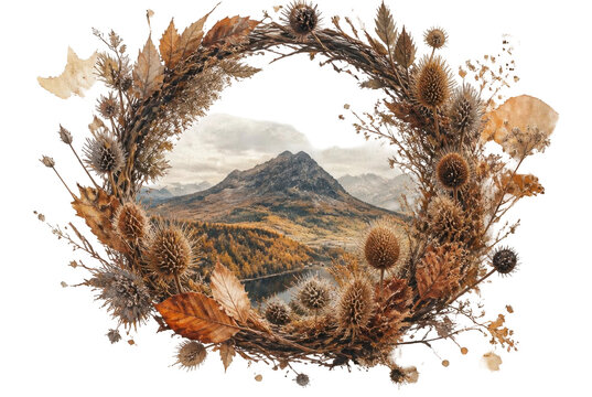 Isolated autumn botanical wreath featuring dried plants, pinecones, and seasonal foliage framing a scenic mountain landscape view.
