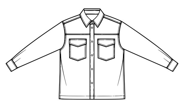 Denim work shirt technical line drawing vector with double chest pockets and seam details