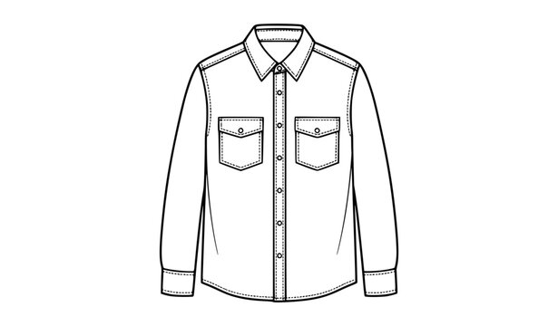 Denim shirt line drawing vector with collar pockets buttons and fashion garment outline