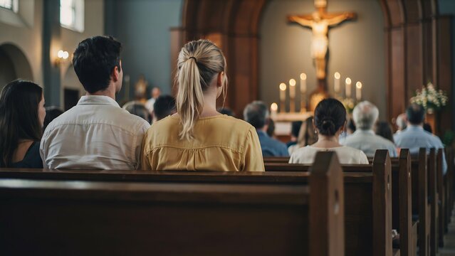 Family attending a church service together in a peaceful religious interior
