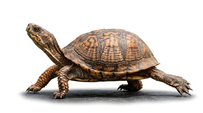 Reptile turtle walking on ground with detailed shell and scales