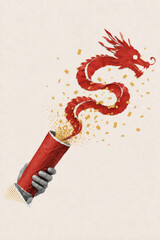 Obraz premium Red paper dragon exploding from a hand held party popper with gold confetti scattered across a cream background