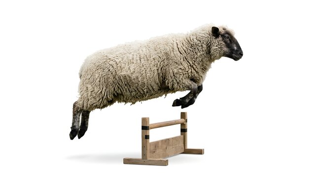 Sheep jumping over hurdle isolated on white background for agriculture or sports concept