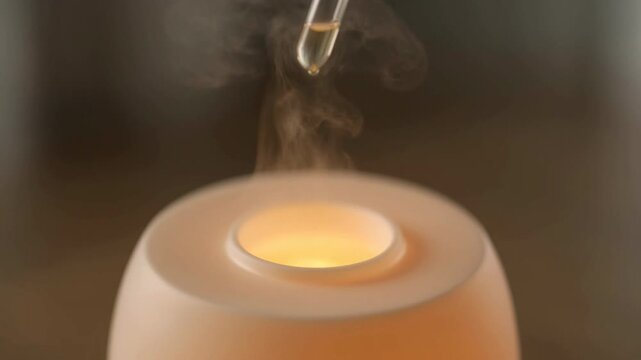 Essential oil being dropped into an ultrasonic aromatherapy diffuser for relaxation.