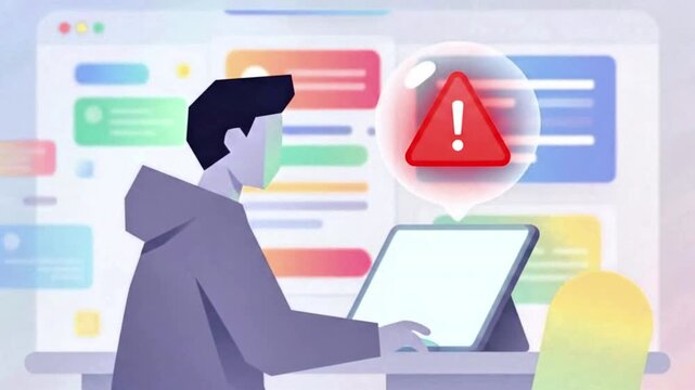 Video, vector illustration of an employee using a computer with a background featuring chat bubble and warning icons, 2D animation 