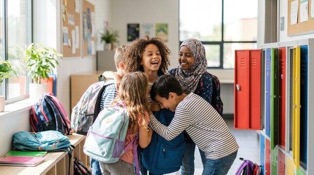 Group of elementary pupils laughing and hugging in a bright school hallway; backpacks and lockers visible. Wall displays and a large window in the background