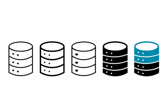 Database share, data server network, and shared hosting vector icon set. Server rack with share node symbol for cloud database transfer and information distribution interface. Isolated web graphic ele