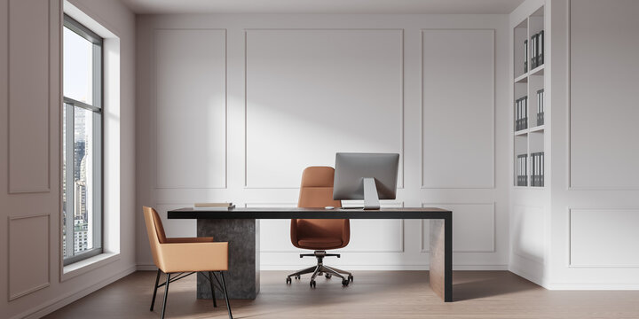 Modern minimalist executive office interior with desk, leather chairs, computer monitor, bookshelves, paneled walls, and city window view. 3D Rendering