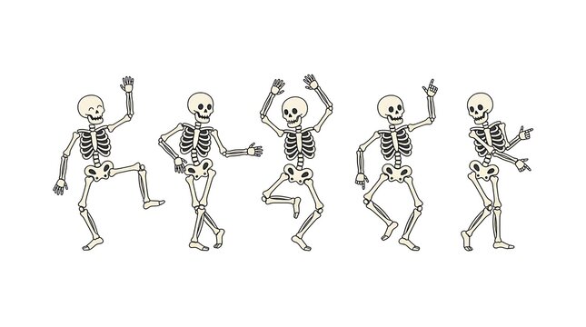 Five cartoon skeletons dancing joyfully against a clean white background for festive halloween graphic design projects with arranged horizontally