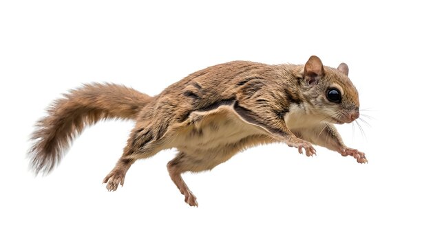 Small rodent animal with fluffy tail in mid air motion isolated on white background