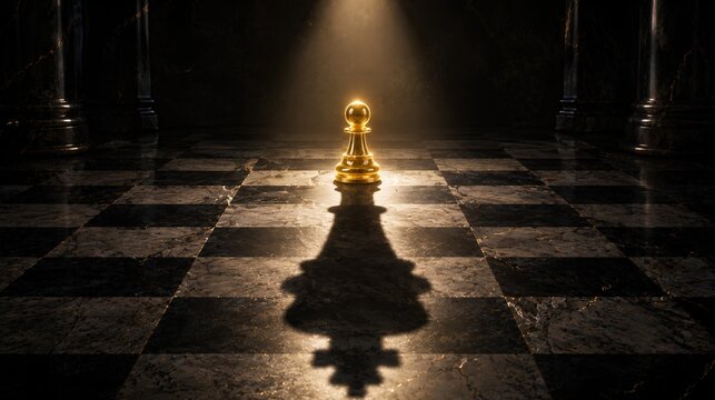 Glowing golden pawn on a dark marble chessboard casting a King shadow
