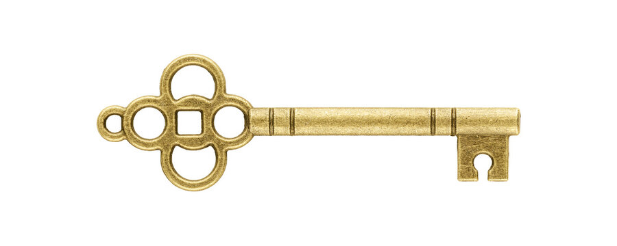 Antique gold key with ornate heart shaped bow. Symbol of real estate investment, buying new house, home ownership, financial safety, lock security and key to corporate success