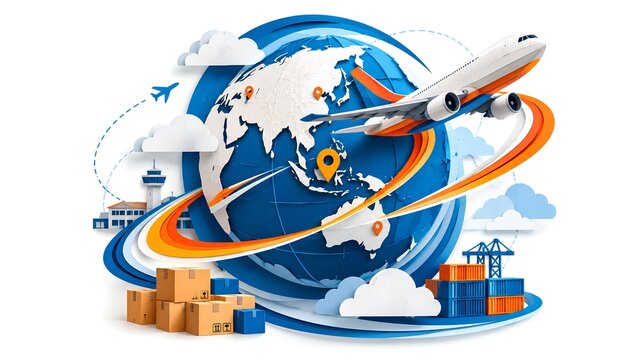 Minimalist 3D papercut illustration of a cargo airplane flying around an earth globe