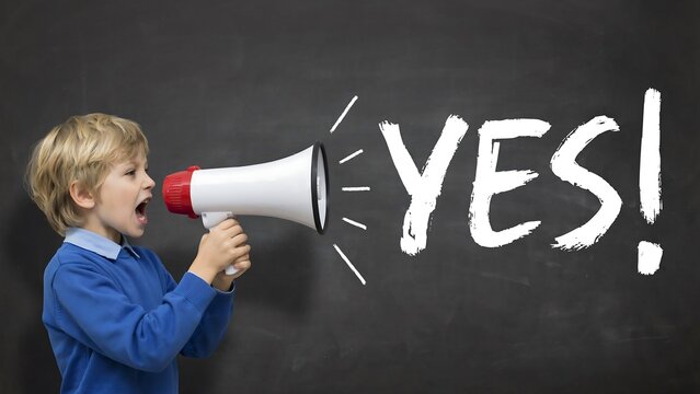 Child holding megaphone with yes message showing positive communication