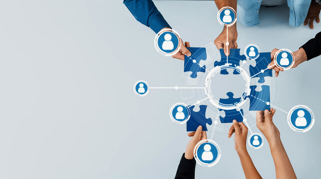 Engaging visual representation of teamwork and networking using puzzle pieces and figures, highlighting the importance of collaboration in achieving business success. Amity